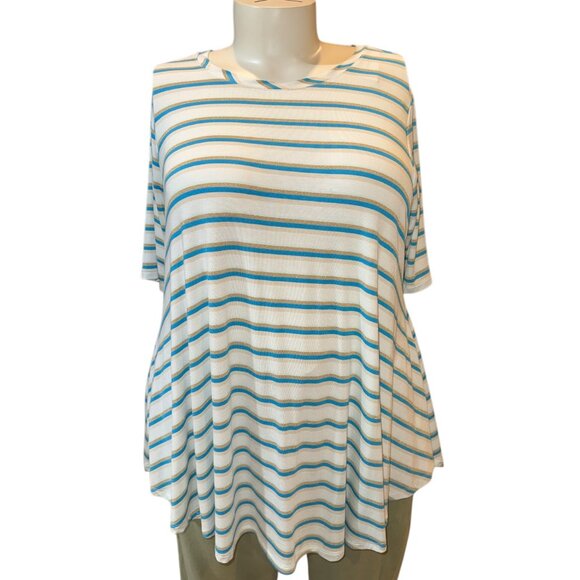 Lane Bryant White, Blue & Gold Striped A-Line Short Sleeve Swing Tunic Sz 18/20 - Picture 1 of 12